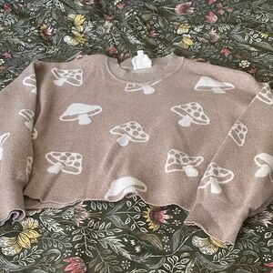 Hippie Rose Mushroom Pattern Sweater - Taupe and White